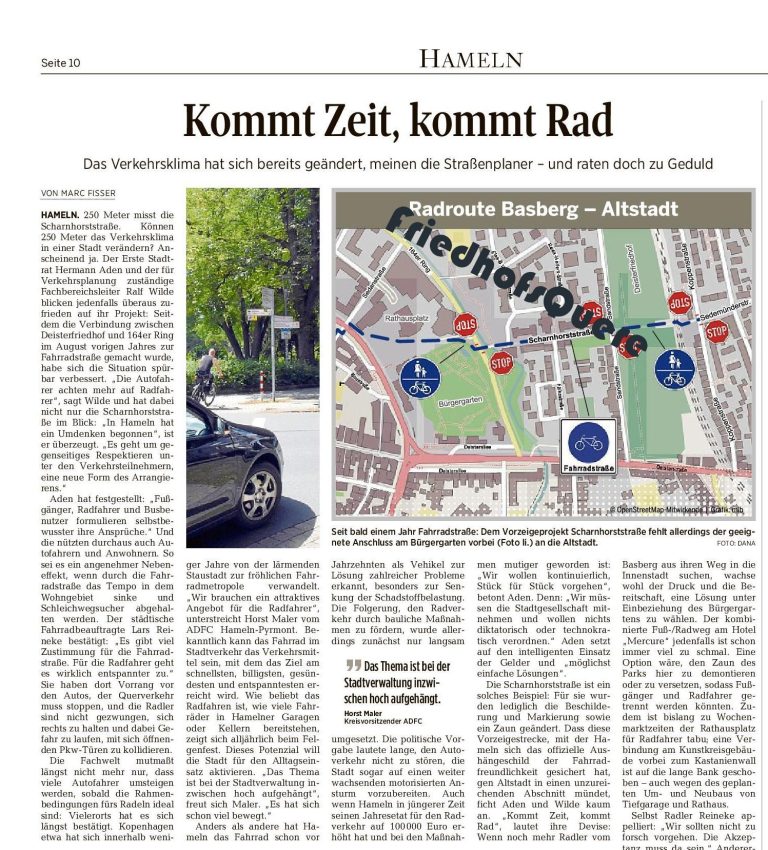 Artikel über Fahrradförderung in Hameln mit einem Stadtplan.